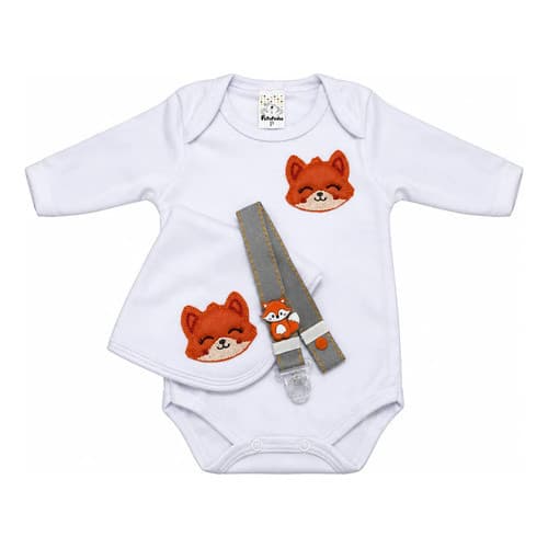 Prendedor de Chupeta Raposa + Body 1-3 M Algodão + Paninho de Boca 25x25 Kit Enxoval 3 peças Angu Bebê 