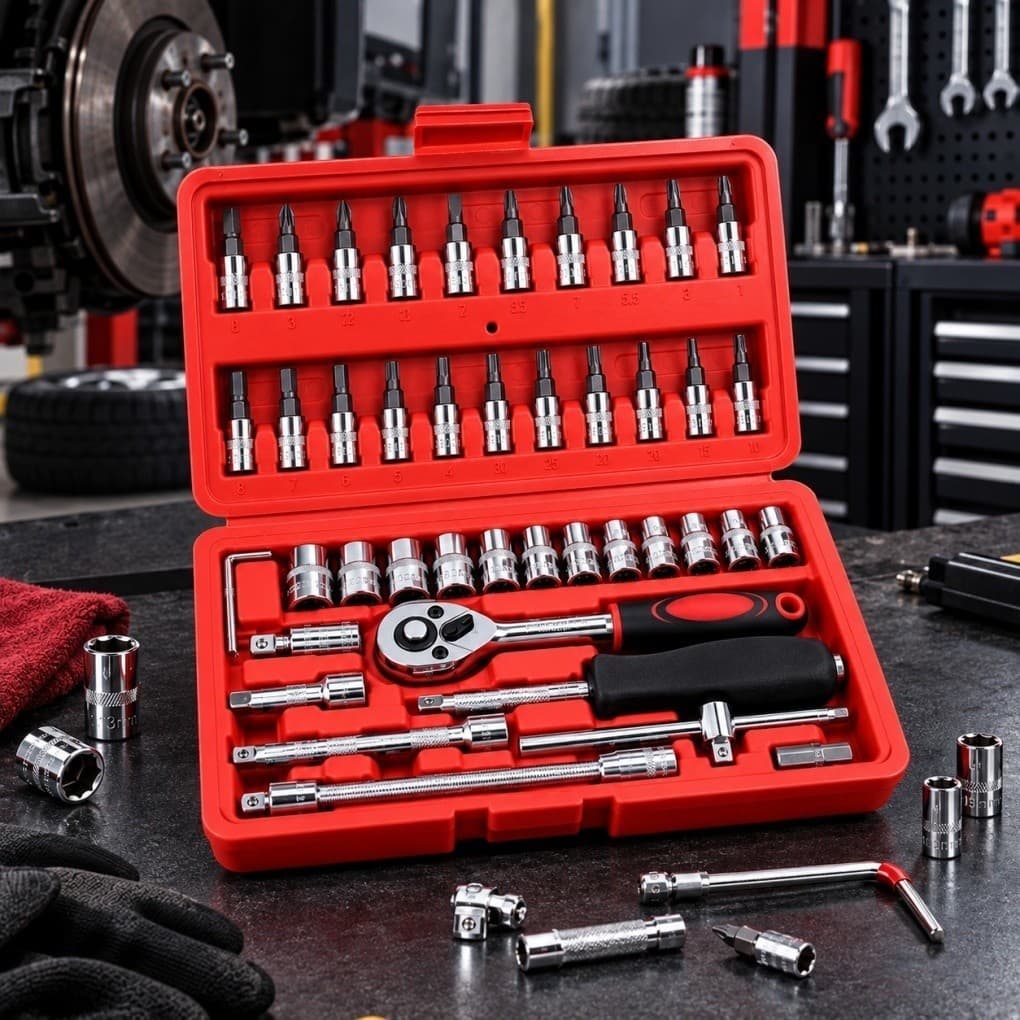 Kit de Ferramentas 46 Peças | Jogo de Soquetes | Chave Catraca Reversível | Maleta | Uso Doméstico e Automotivo