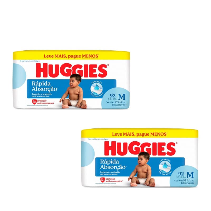 Kit C/2 FRALDA HUGGIES RÁPIDA ABSORÇÃO M C/92