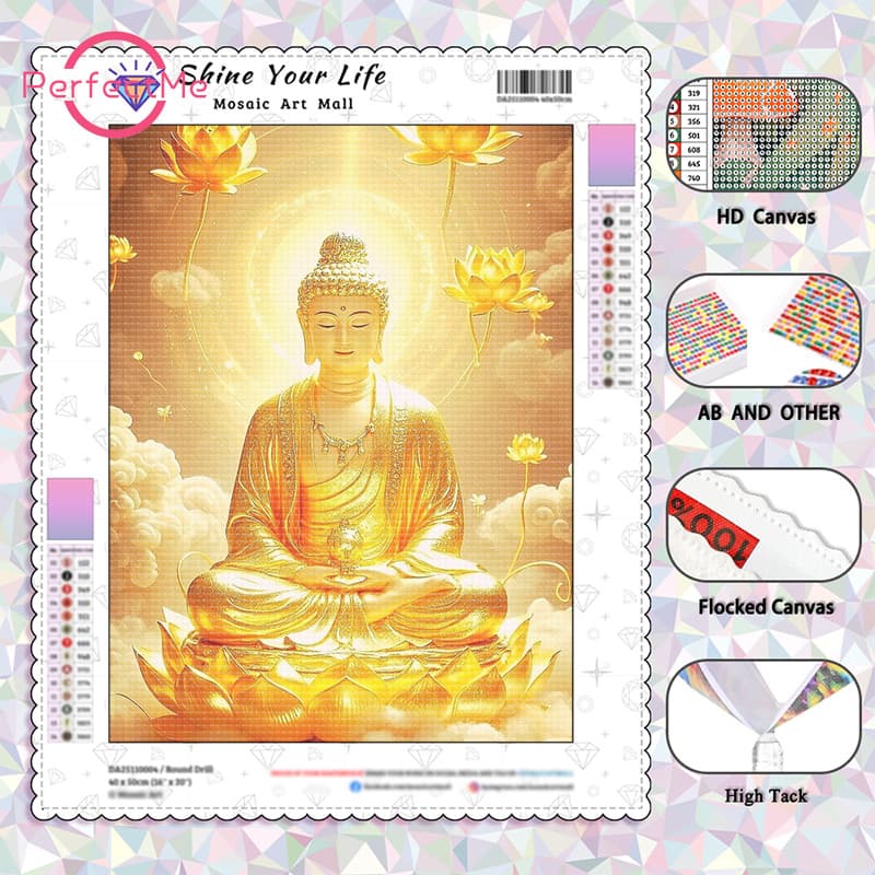 PM Diamantes AB Atualizados + Tecido Flocado] Estátuas De Buda De Lótus Mágicas De Água De Bambu Pintura De Diamante 5D 