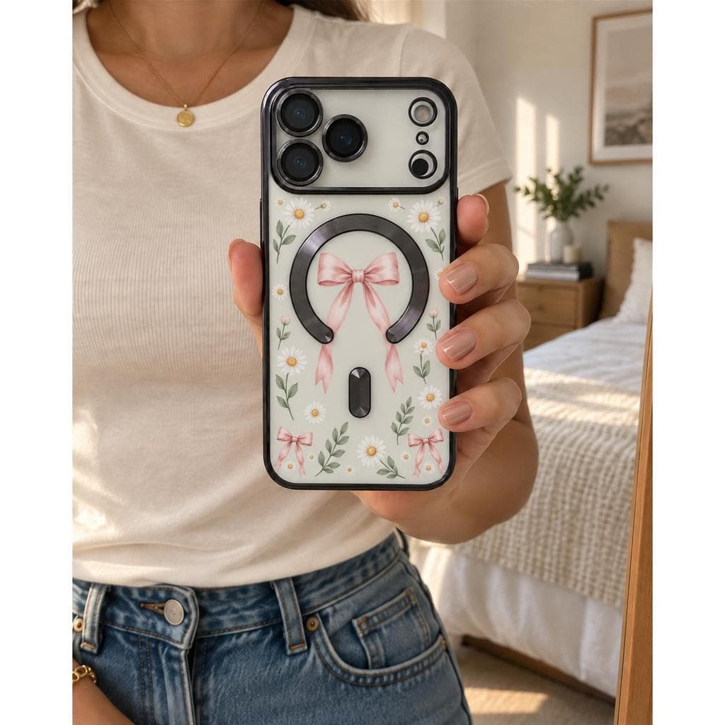 Capinha Para iPhone 18 17 Air 16 15 14 Plus 13 12 11 Pro Max  Capa de celular transparente com margaridas rosa magnética