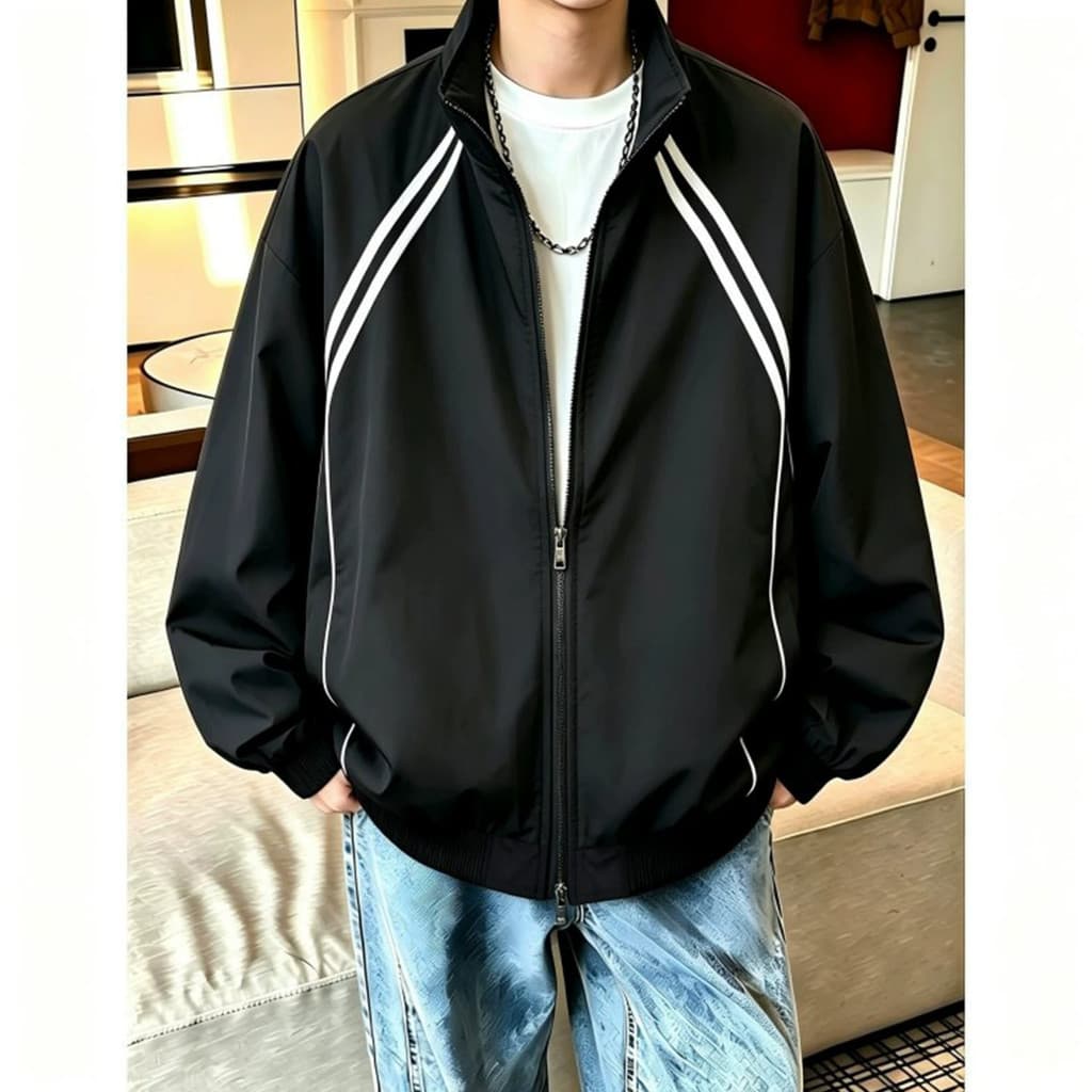 Listrado gola jaqueta masculina primavera outono novo estilo Street Wear solto jaqueta ao ar livre masculino Casual All-
