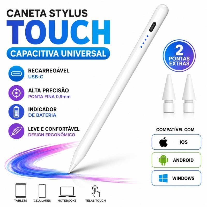 Caneta Stylus Capacitiva Universal para Tablet e Celular, Ponta Fina, 2 Pontas Extras, iOS, Android