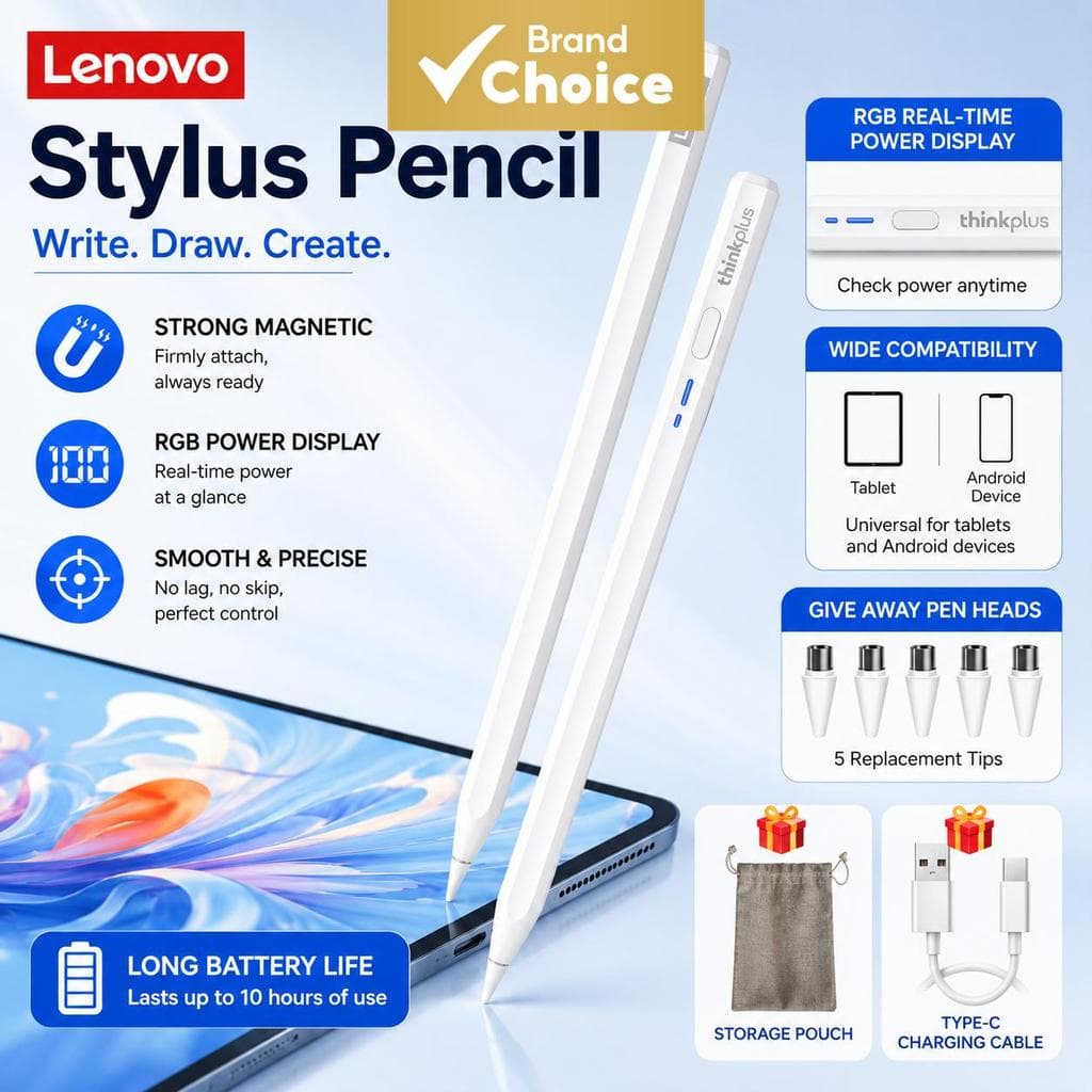 Caneta Universal Lenovo Stylus para iPad Android Telefone Tablet Conexão Bluetooth Design Hexagonal Antirrolamento Ponta