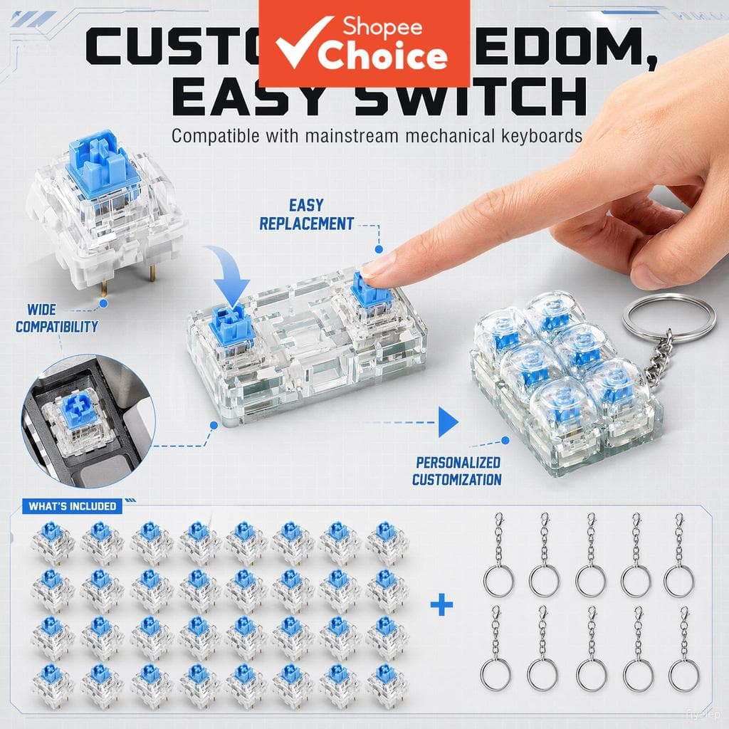Kit Fidget de Interruptor Mecânico com 50 Peças de Interruptor Azul, 10 Anéis de Chaveiro, Alívio de Estresse, Teclado