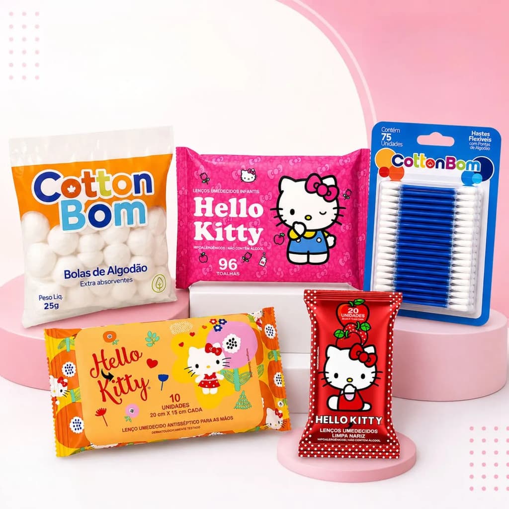 Kit Higiene Lenço Umedecido Hello Kitty Cotonete Algodão Chá De Bebê Enxoval Presente Mimo Bebe Menina