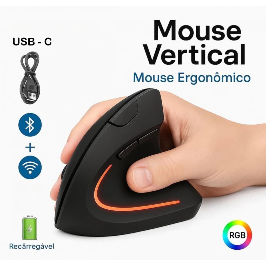 Mouse Vertical Ergonômico Sem Fio Recarregável USB Bluetooth Silencioso Ortopédico Mão Direita PC Gamer Super 