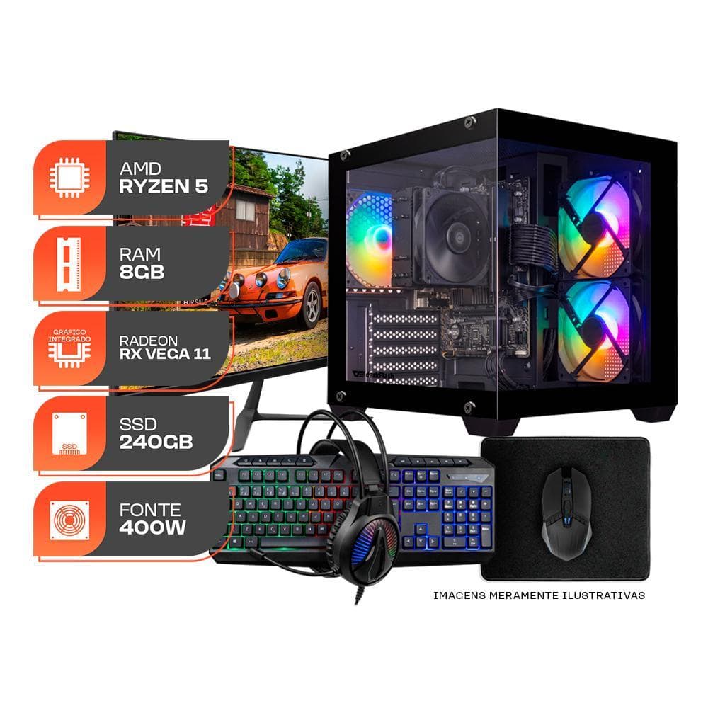 PC Gamer Forge, AMD RYZEN 5 3400G, Radeon Vega 11, 8GB DDR4, SSD 240GB, Completo com Monitor 21 e Periféricos