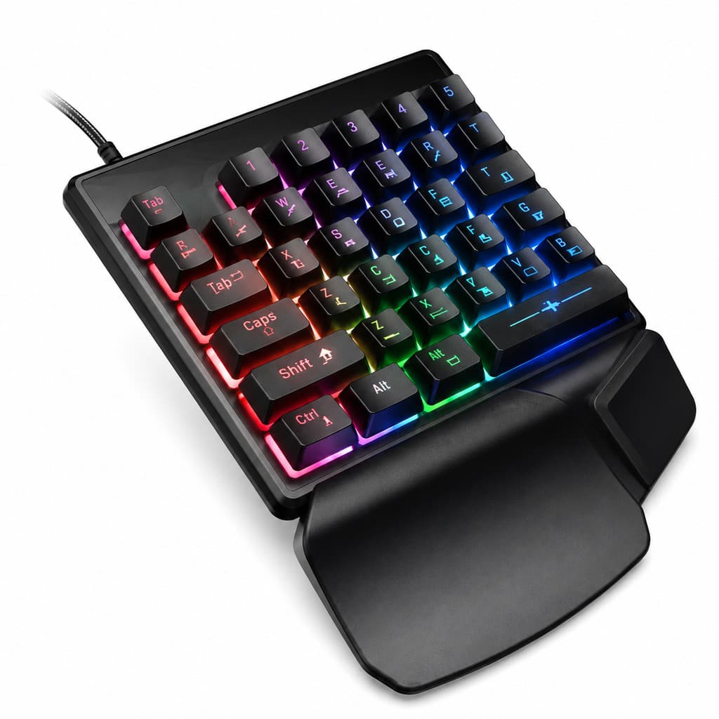 Teclado Gamer One Hand Uma Mao RGB USB Compacto com Apoio para Punho PC Notebook