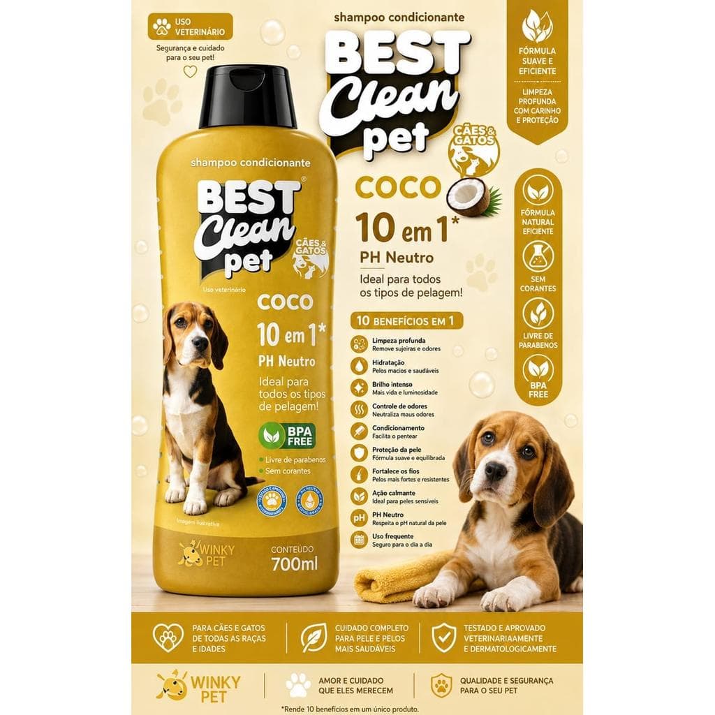 Shampoo Condicionante Pet Coco 10 em 1 700ml PH Neutro para Cães e Gatos - Best Clean Pet