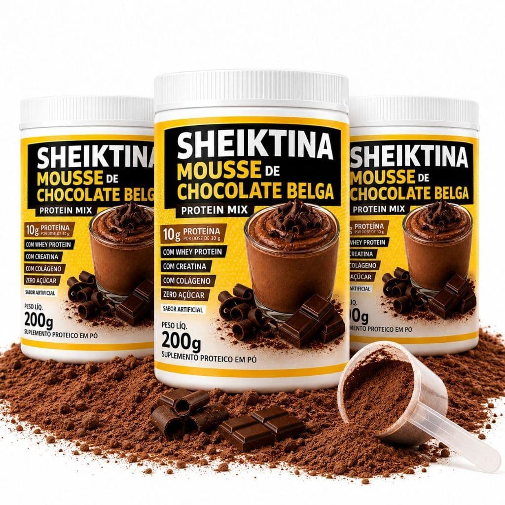 3 Sheiktina Mousse de Chocolate Belga – Suplemento Proteico em Pó com Whey Protein, Creatina e Colágeno | Zero Açúcar