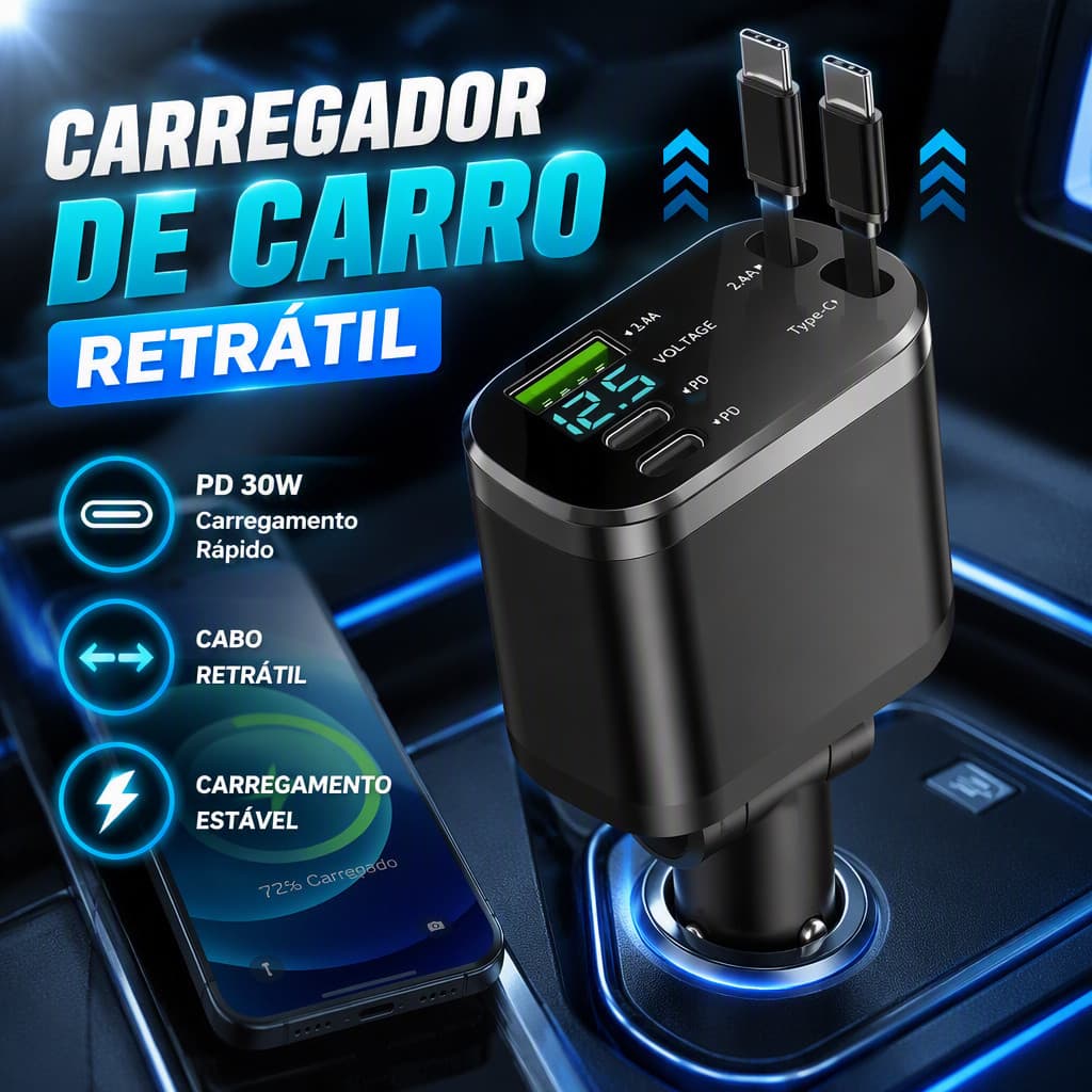 Carregador Veicular 5 Em 1 Com Dois Cabos Retráteis Tipo‑C Display Digital Tensão Para Carro 12V 24V Carregamento Rápido