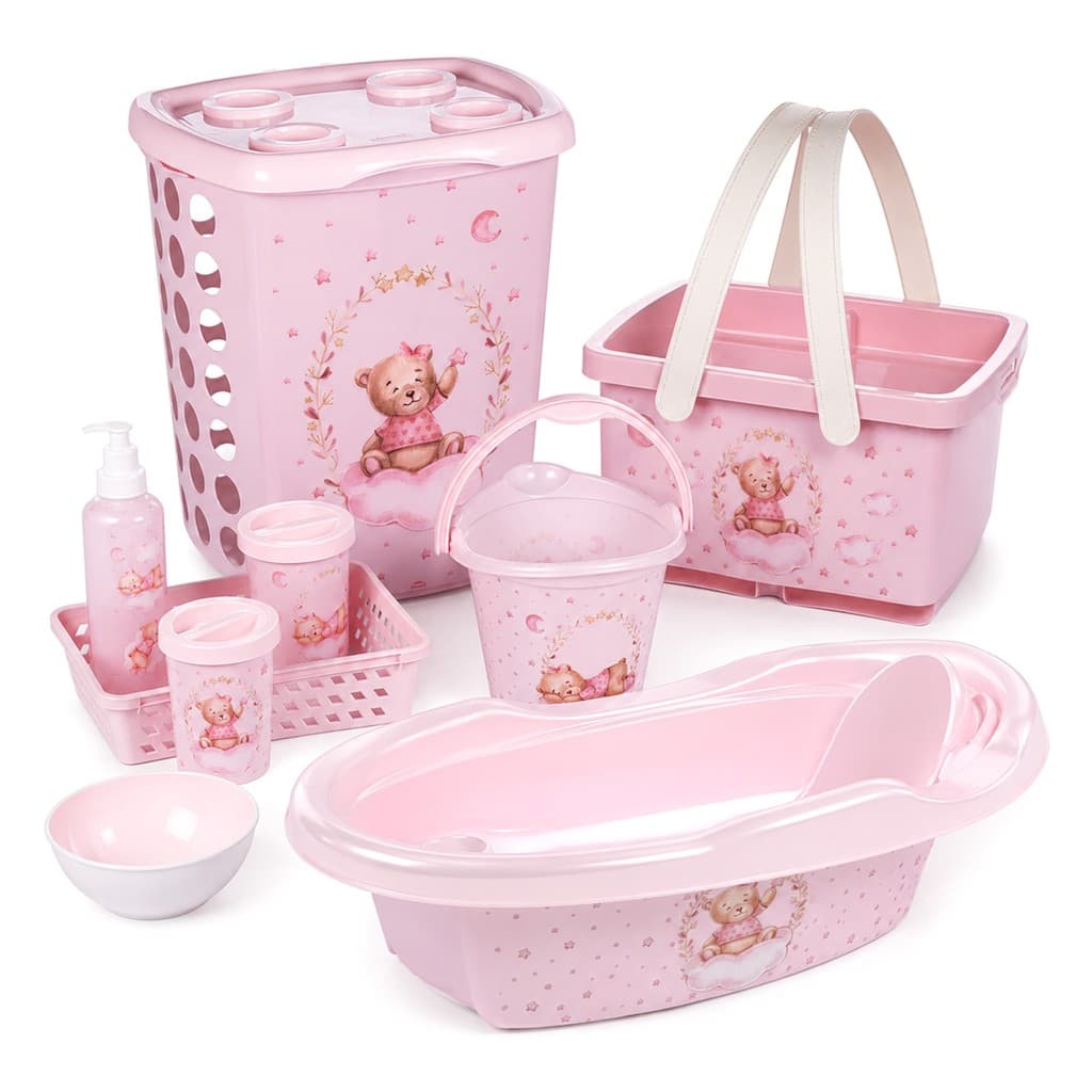 Kit Bebê Completo Ursa Rosa 9 Peças Banheira Cesto Roupas Balde Caixa Higiene Infantil - Plasútil