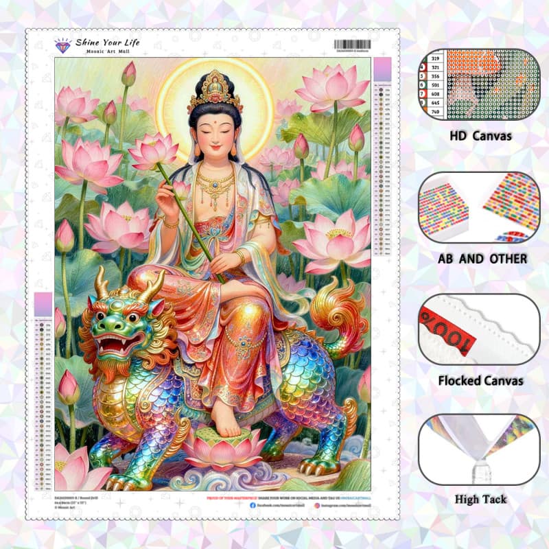 [PL Diamantes AB Atualizados + Tecido Flocado] Manjusri Bodhisattva Lotus Pond Pintura De Diamante 5D DIY Artesanato Mos