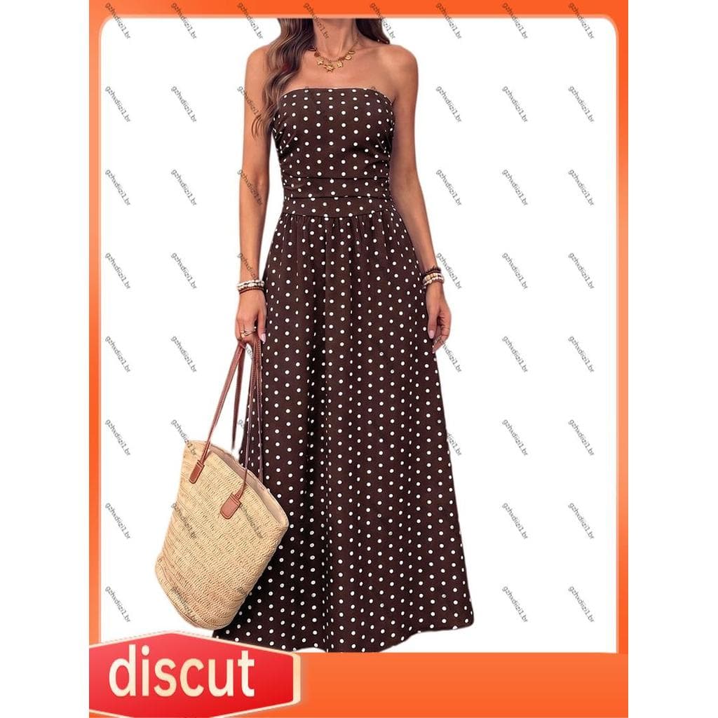 [gzhxdiizi1] Vestido Feminino De Bolinhas Sem Alças , Top Tubinho Casual Mangas , Vestidos Maxi Fluidos , Marrom Café M