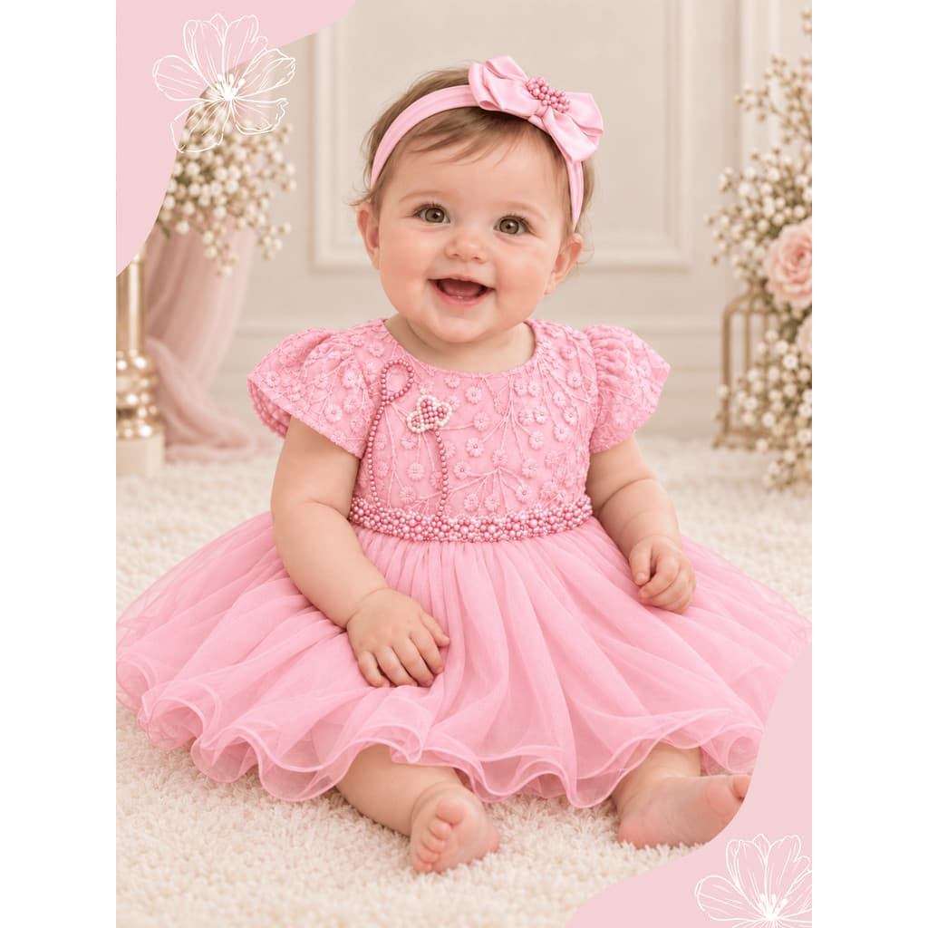 Vestido Bebê Maternidade KIT 3 Peças Premium Vestido + Faixa + Prendedor De Chupeta RN até G