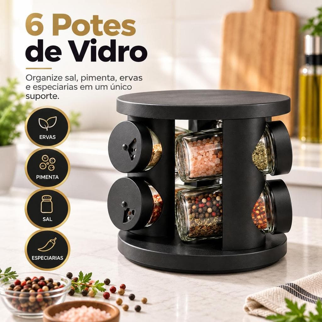 Porta Condimentos 360° Giratório 6 Potes Vidro Organizador Temperos Cozinha Preto