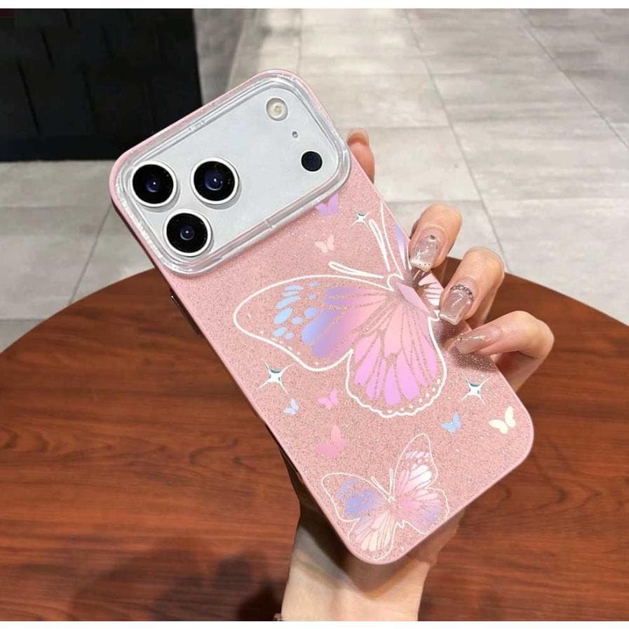 Capinha Para iPhone 18 17 Air 16 15 14 Plus 13 12 11 Pro Max  Capa de celular rosa glitter com borboletas holográficas