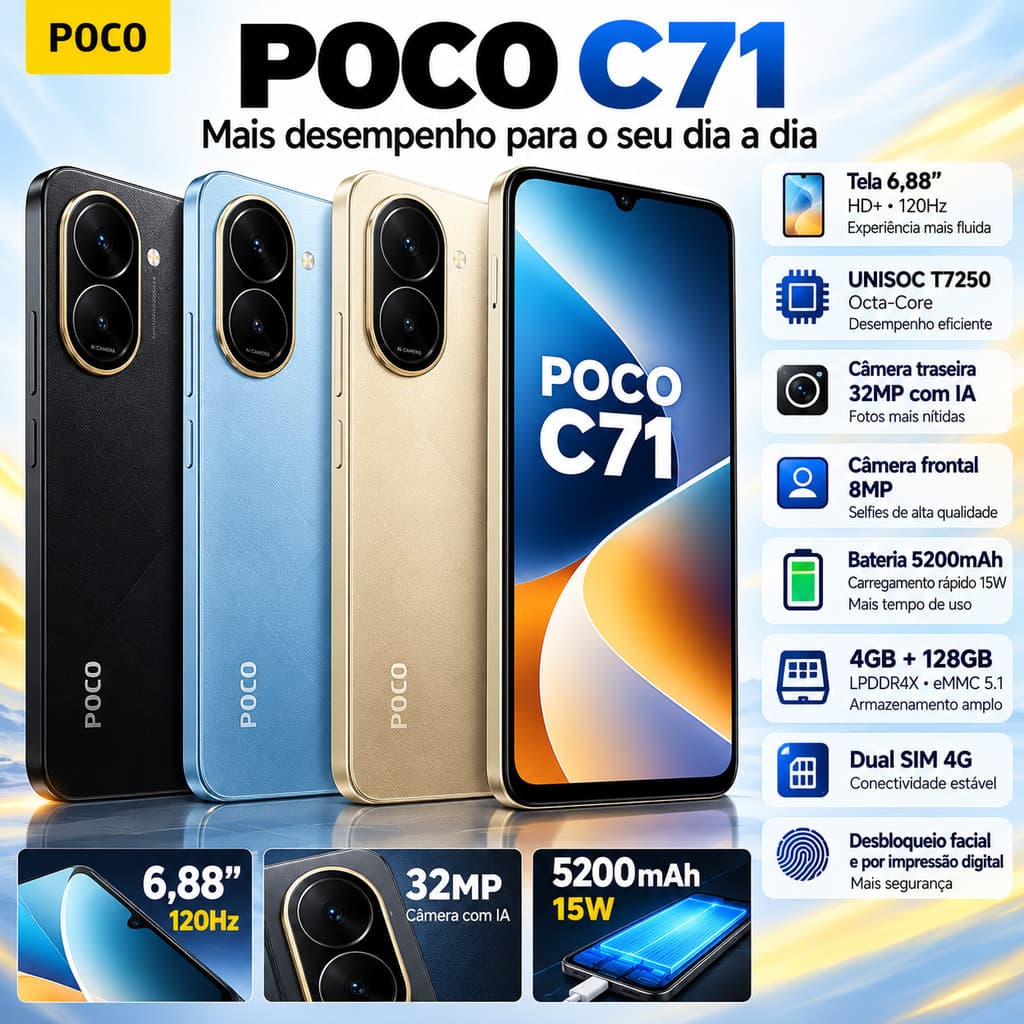 Smartphone XiaoMi POCO C71 4GB 128GB Tela 6.88 120Hz UNISOC T7250 Câmera 32MP Bateria 5200mAh Carregamento Dual SIM 4G