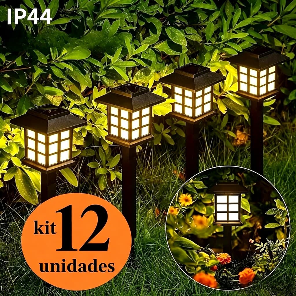 Kit 12/6 Abajur Luminária Solar Espeto de Jardim Led Decoração Cazinha Recarregável no Sol,Luz Quente