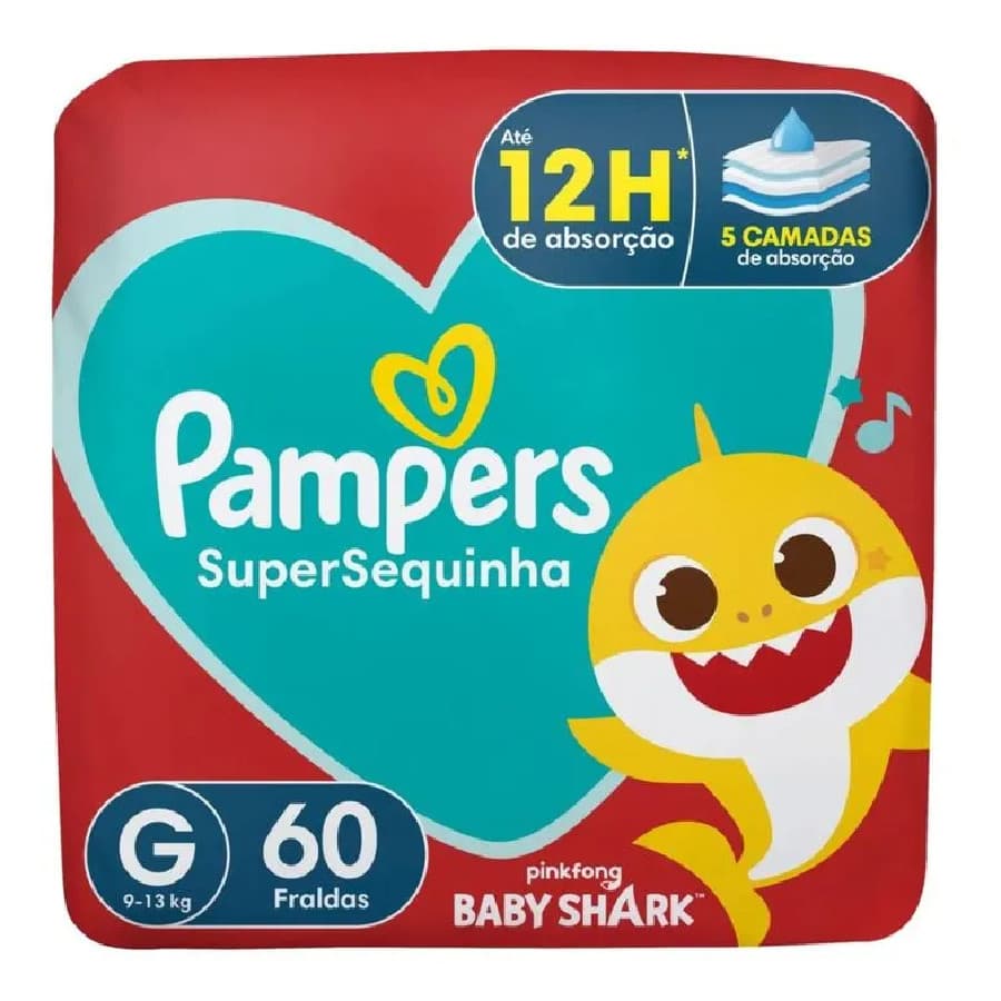 Fralda Pampers Super Sequinha Baby Shark G 60 Unidades