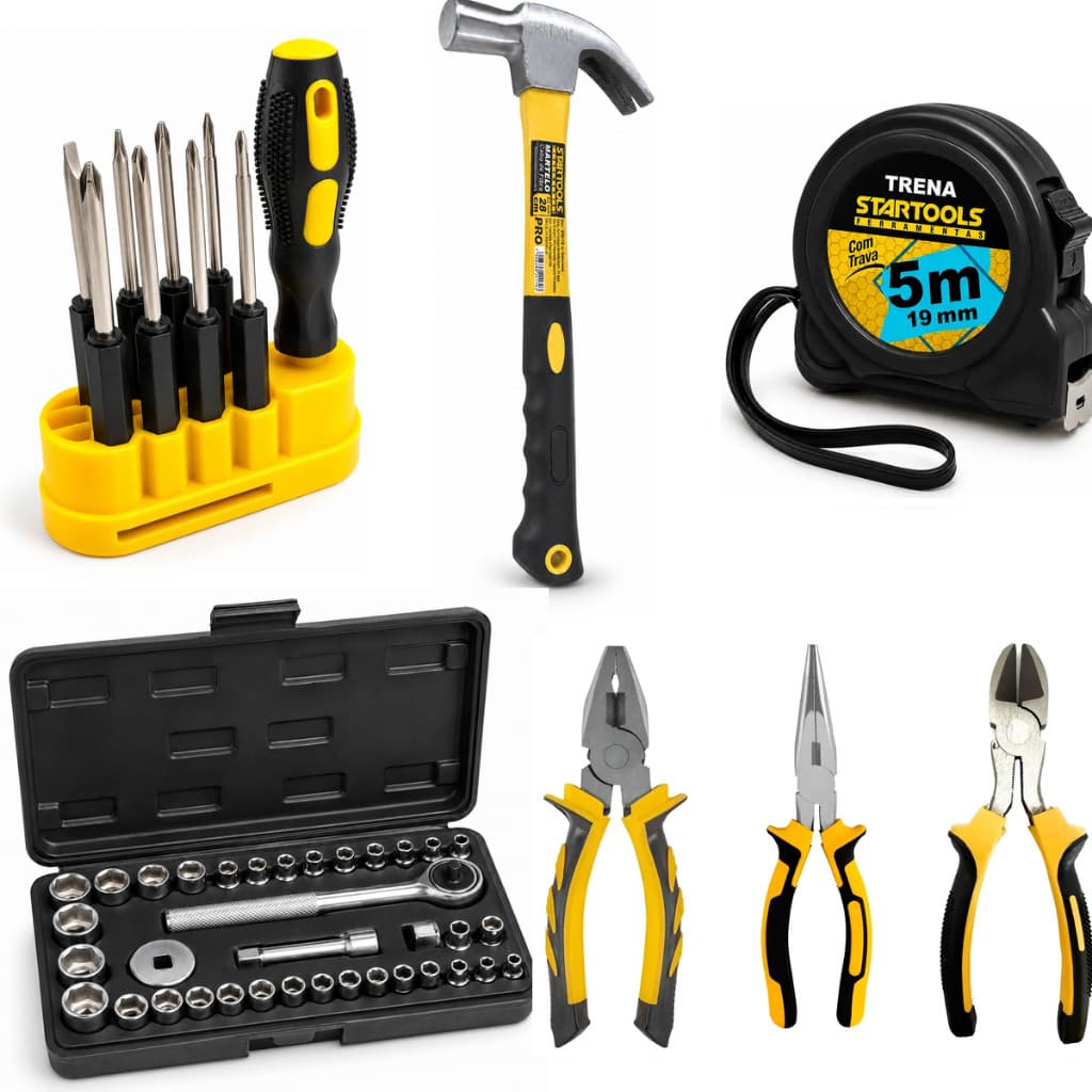 Kit de Ferramentas Completo 5 em 1 Martelo Catraca Soquetes Alicate Universal Chave Phillips Trena com Trava Reforçado