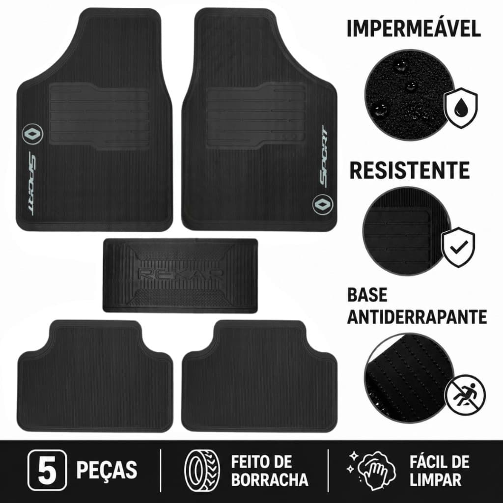 Kit Tapete Automotivo Renault 5 Peças Antiderrapante Kwid Clio Sandero Duster Logan Oroch Captur