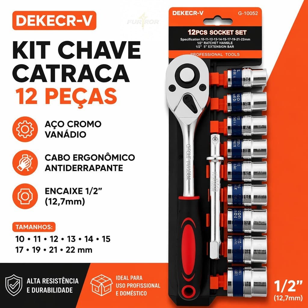 Kit 12 Peças Jogo Soquete 1/2" Chave Catraca + Extensor Tamanhos 10-22mm Ferramenta Mecânica Reparo Carro Universal