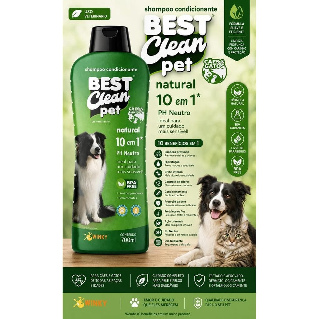 Shampoo Condicionante Pet 10 em 1 700ml PH Neutro para Cães e Gatos - Best Clean Pet, Sem Parabenos e Sem Corantes