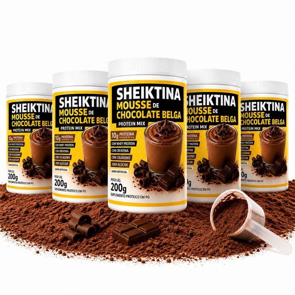 5 Sheiktina Mousse de Chocolate Belga – Suplemento Proteico em Pó com Whey Protein, Creatina e Colágeno | Zero Açúcar