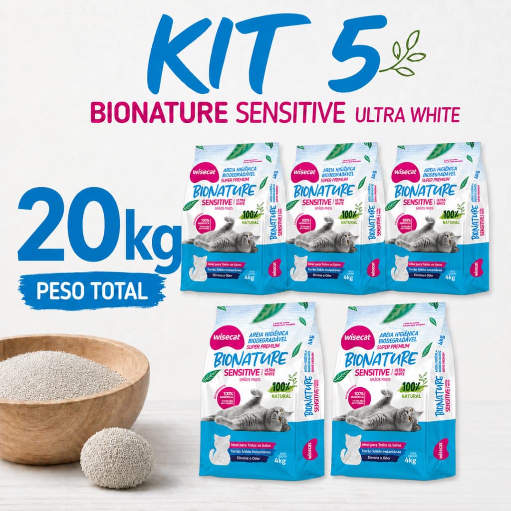 Kit 5 Areia Sanitária De Mandioca 4kg Grãos Finos Para Gatos Biodegradável Wisecat .2.0.k.g.