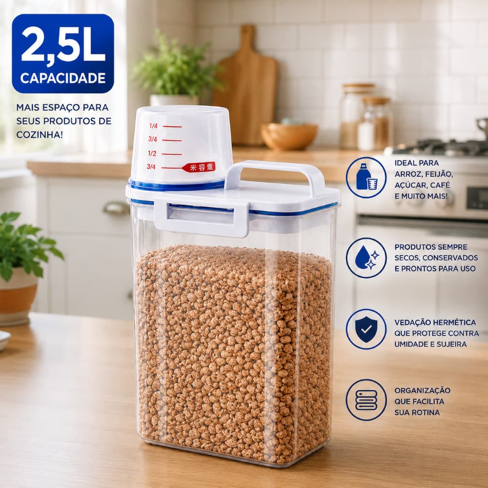 Pote de Mantimentos para Cozinha Hermético 2,5L com Bico Dosador e Copo Medidor Organizador Multiuso