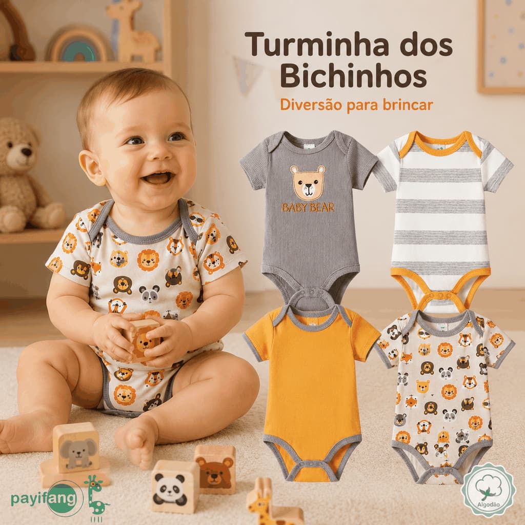 Bodies de Bebê 4 Pcs 100% Algodão Manga Curta Kit Roupa Infantil Enxoval Bebê Recém-Nascido Uso Diário P M G