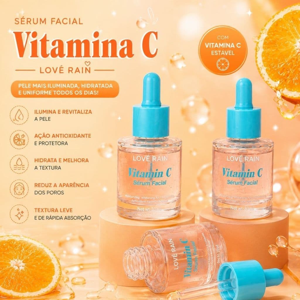 Sérum Facial Vitamina C Lové Rain 30ml Hidratante para Pele Lisa Iluminada e Viçosa Sem Manchas Pele HB-3110
