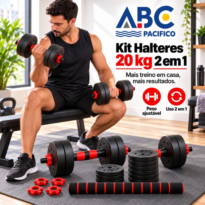 Kit 20kg Barra Supino Kettlebell Preto | Pesos Academia Musculação Funcional Conjunto de Halteres e Anilhas Ajustáveis