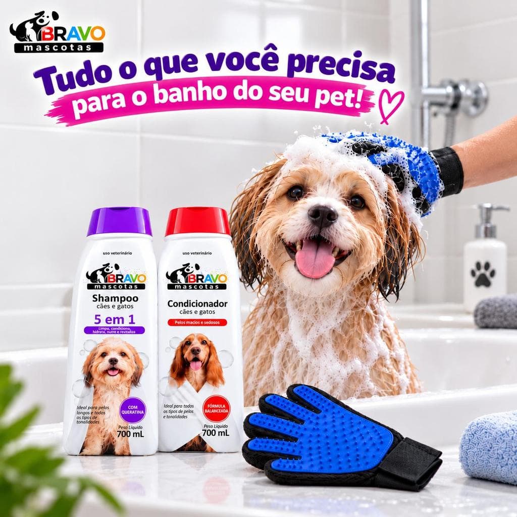 Kit 3 Shampoo 5 em 1 para Cães e Gatos 700ml + Condicionador 700ml + Luva Massageadora - Pet Clean