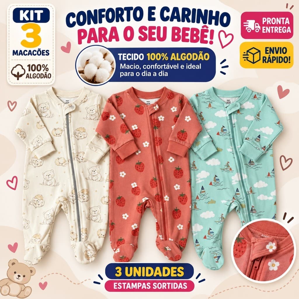 Kit 3 Macacão Bebê Com ziper Enxoval Infantil 100% algodão