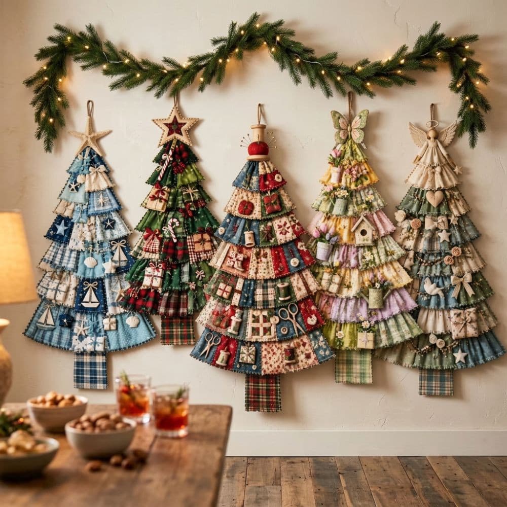 Árvore De Natal De Tecido Grande , Estampa Xadrez Artesanal Patchwork Porta De Pendurada , Vintage