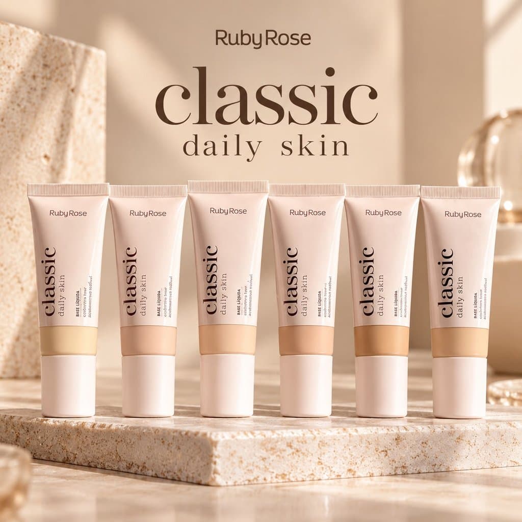 BASE LIQUIDA CLASSIC RUBY ROSE LINHA NOVA Daily Skin Acabamento Natural Cobertura Leve/Média Maquiagem Facial Dia a Dia
