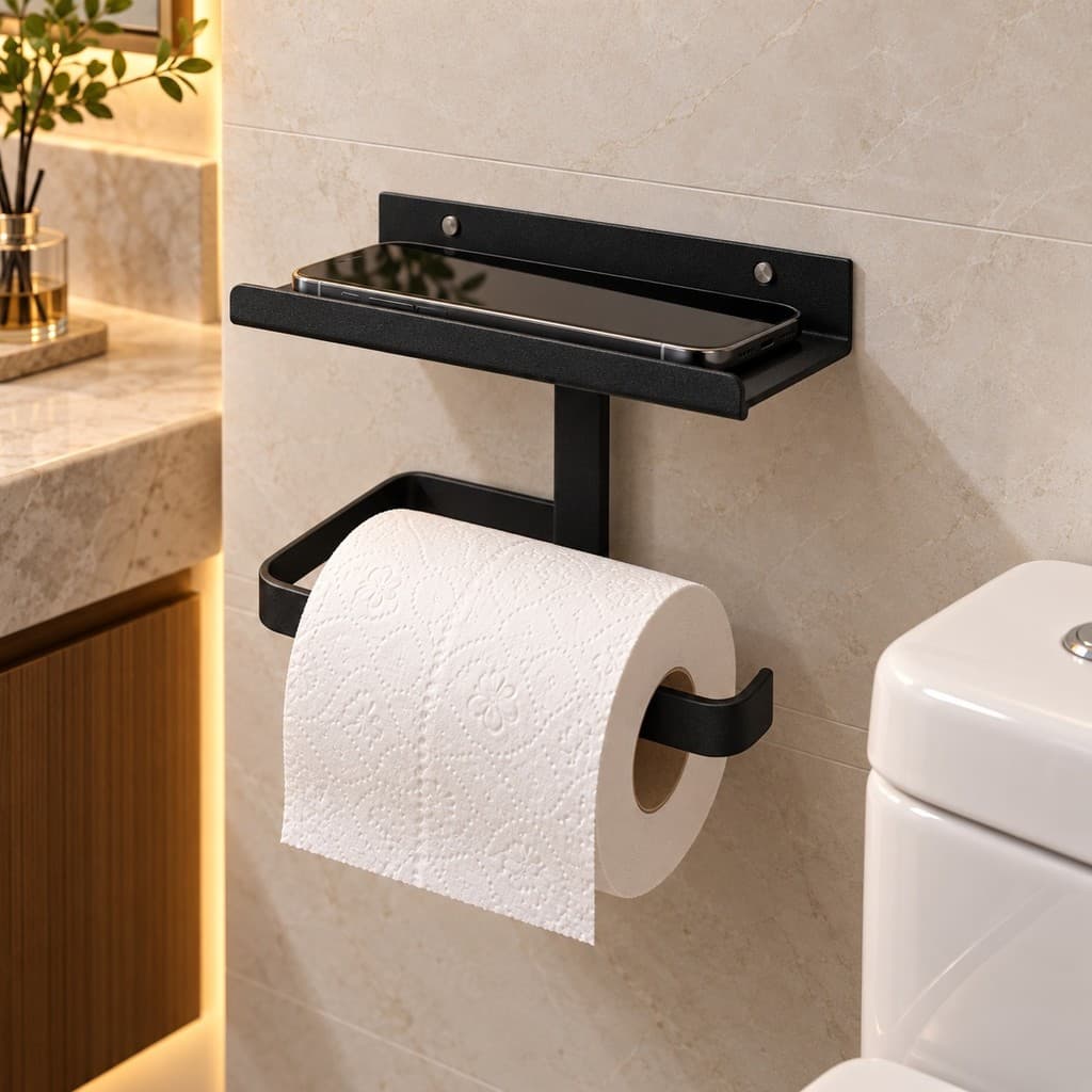 Suporte Porta Papel Higiênico de Parede com Prateleira para Celular Aço Preto Opções Duplo Banheiro Moderno Organizador