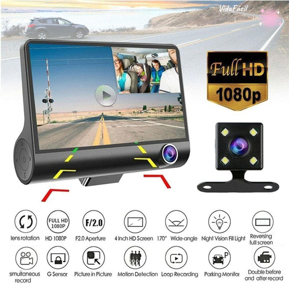 Gravador DVR De Carro AZONVILO , Câmera De Painel De 3 Lentes Full HD 1080P , 170 ° Traseira Grande Angular Com Sensor G