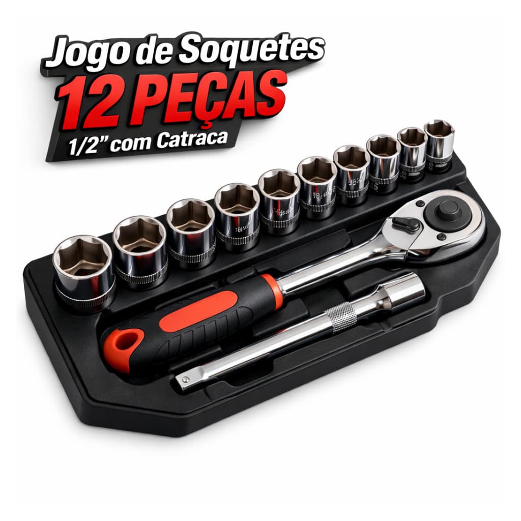 Chave Catraca 1/2 com Jogo de Soquetes 12 Peças 8-24mm Profissional