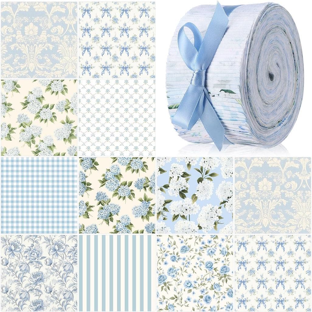 HunnmingRe 40 Peças de Tecido para Patchwork Azul com Estampa Floral de Hortênsia, 2,5" x 44", Tiras de Tecido Pré-Corta