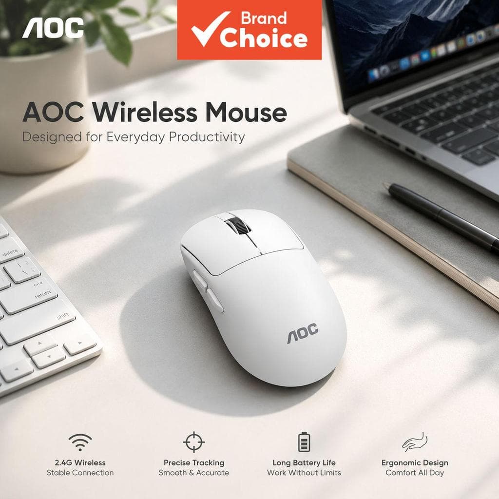 Mouse Óptico Sem Fio AOC MS225 Design Minimalista Preto Fosco Ergonômico Curvo Botões Avançar/Voltar Laterais Mouse USB