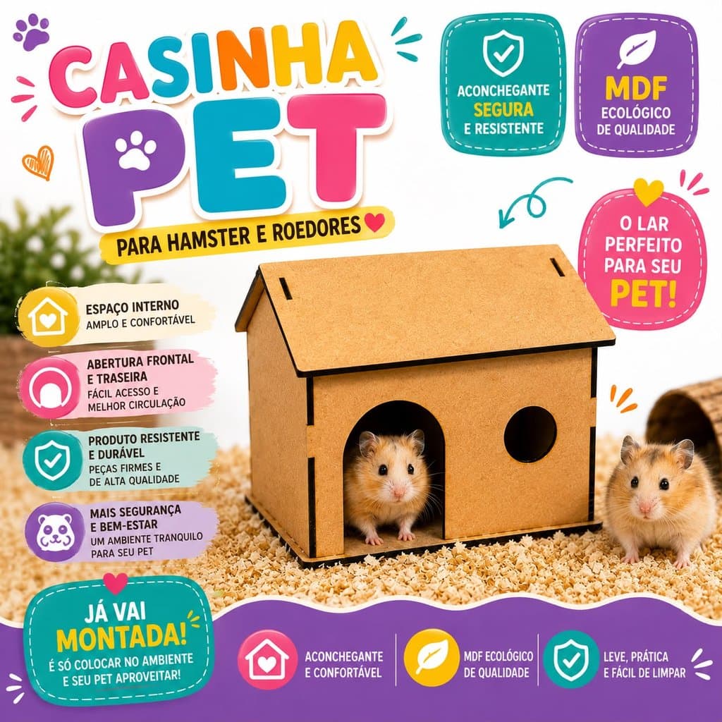 Casinha Pet MDF para Hamster Toca Abrigo para Pequenos Roedores Espaçosa Já Vai Montada