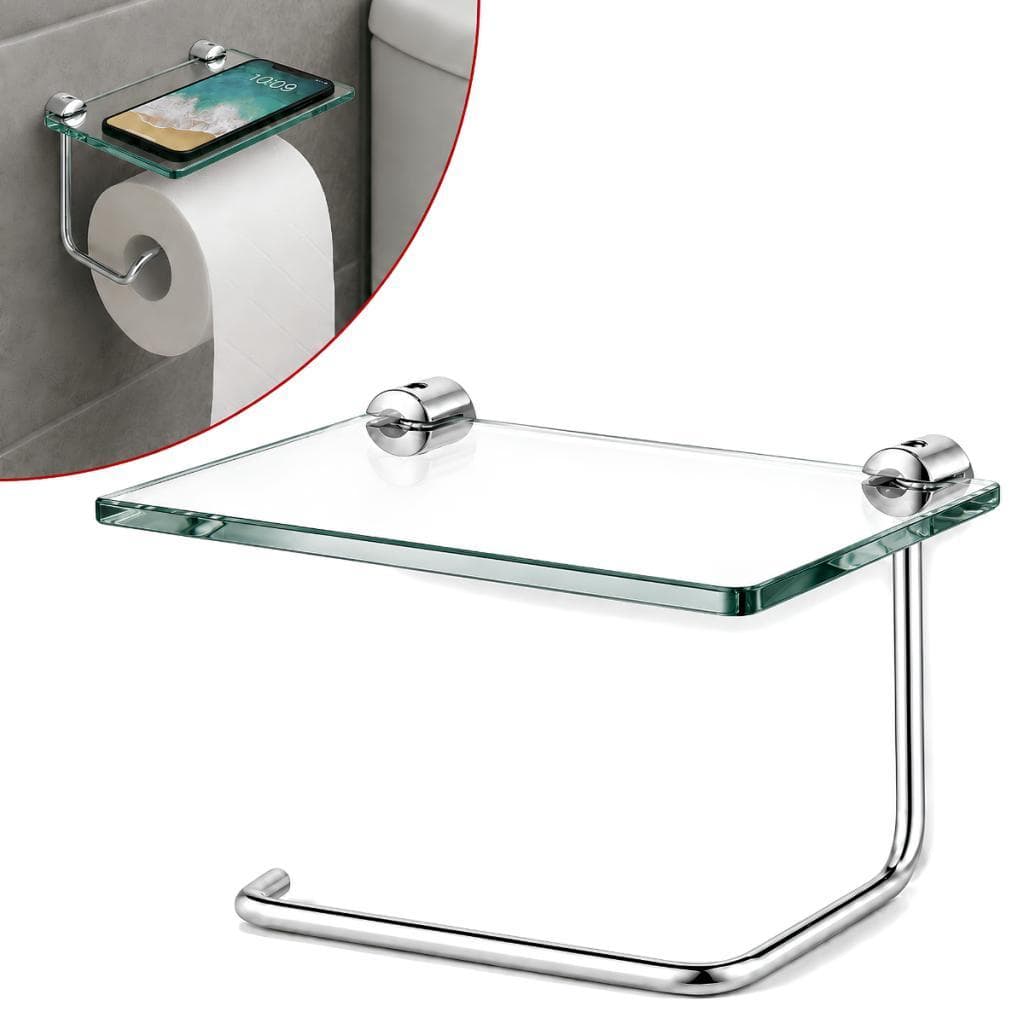 Porta Papel Higiênico com Suporte Celular e Prateleira Vidro 6 mm de Parede Bruen