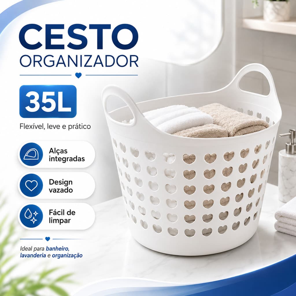 Cesto Organizador Flexível 35L Lavanderia Com Alça Roupa Suja Banheiro Brinquedos Resistente