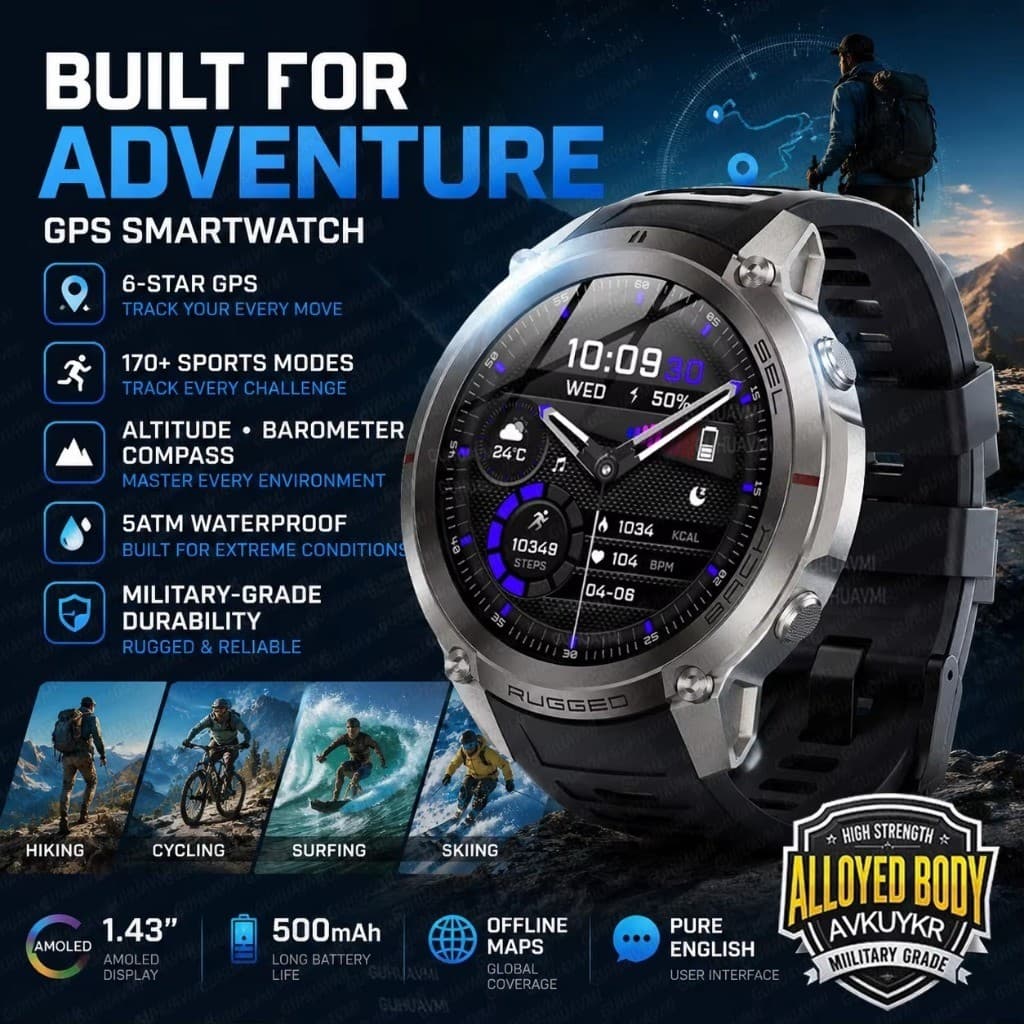 Novo Robusto GPS Esporte Smartwatch 1.43 " Tela AMOLED 5ATM À Prova Dwaterproof Água Offline Mapa Bússola 500mAh Relógio