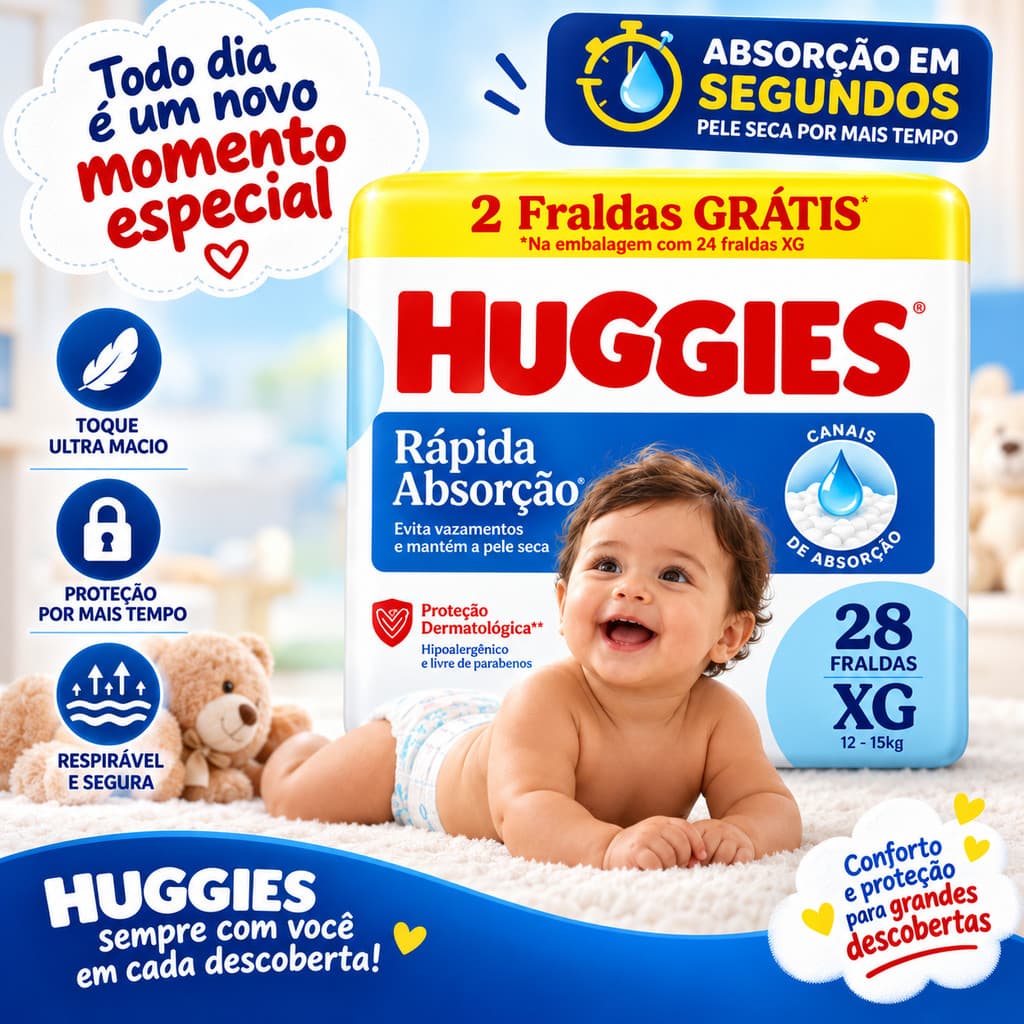 Fralda Huggies Rápida Absorção Tamanho XG 28 Unds 12 a 15 Kg
