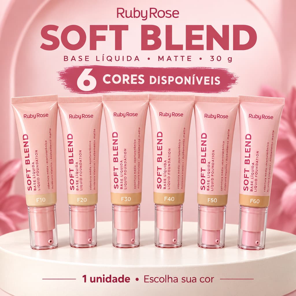 Base Líquida Ruby Rose Soft Blend Matte Cobertura Média com Ácido Hialurônico 30g